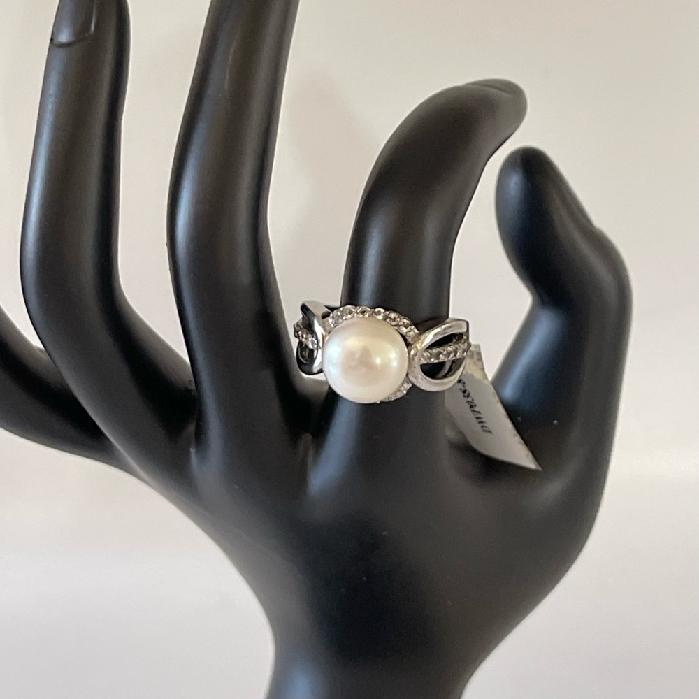 925 Sterling Silver, Fresh Water Pearl & White Topaz Ring Sz 8 - Picture 6 of 11